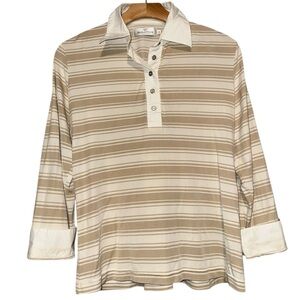 Bugatchi Women’s Size L Tan Beige White Striped Silk Henley Collared Polo Shirt
